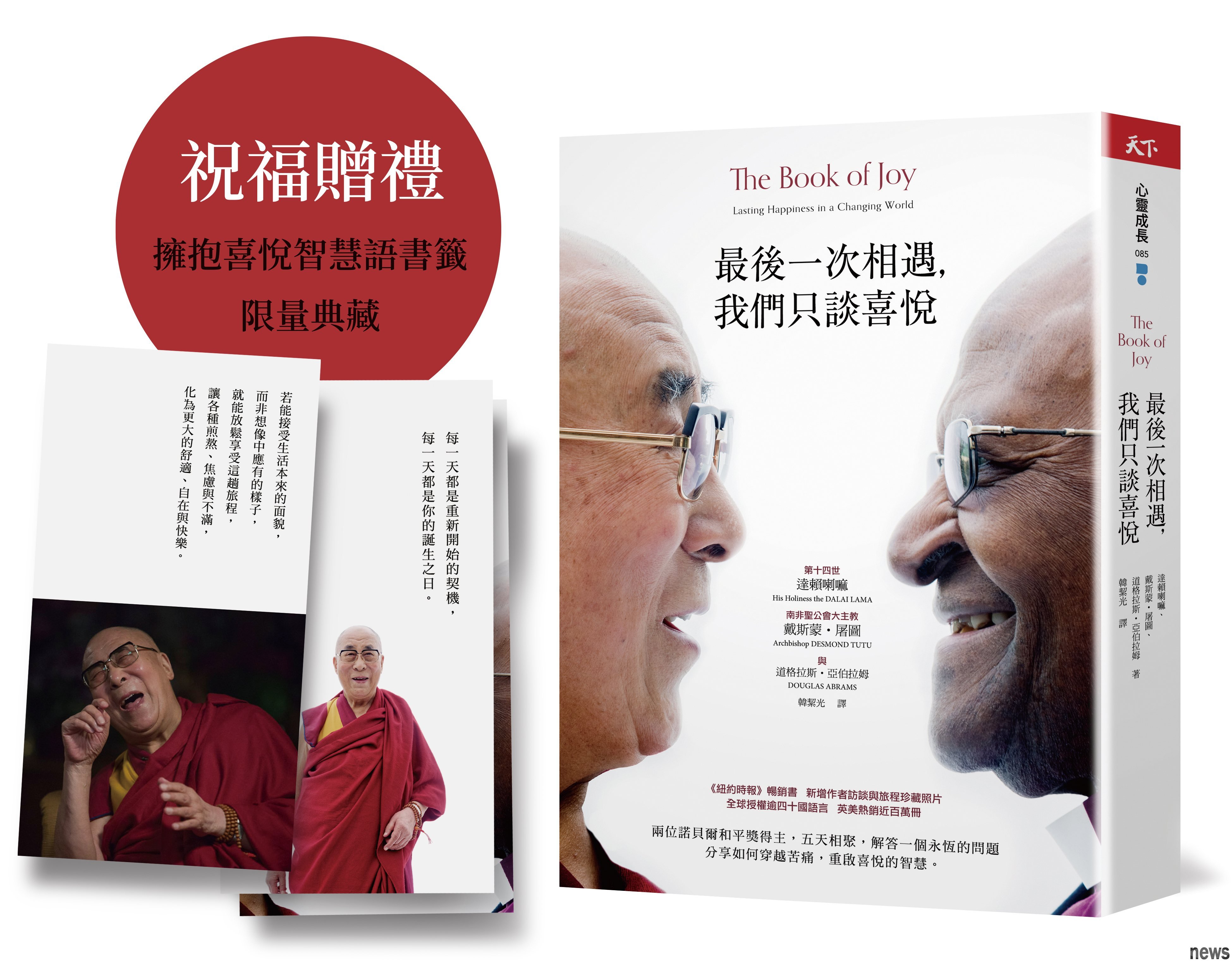 書名：《最後一次相遇，我們只談喜悅》
原文作者：The Dalai Lama、Desmond Tutu、Douglas Abrams
譯者：韓絜光
出版社：天下雜誌<br />圖／出版社提供 
